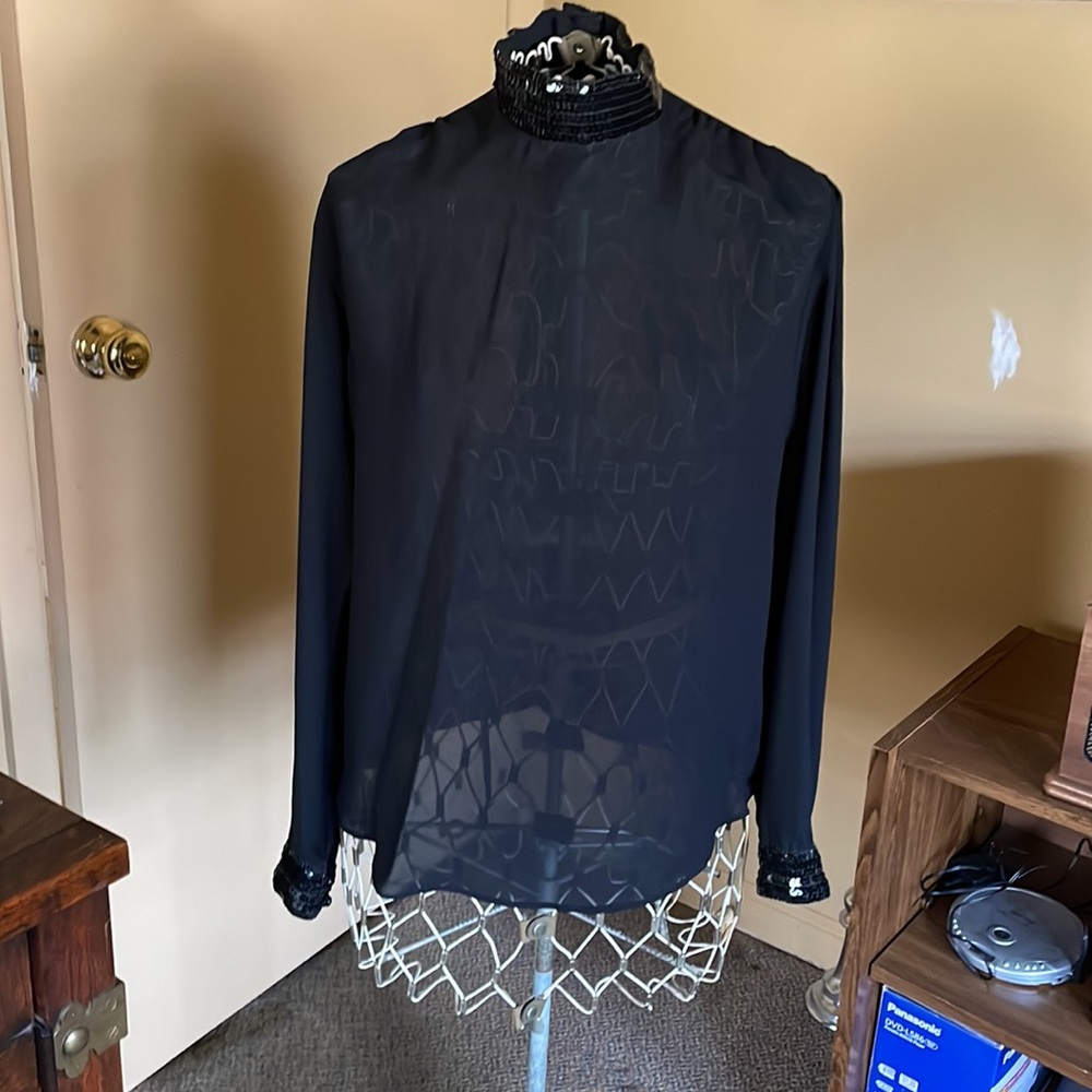 Vintage Holiday Black Blouse with Sequin Collar and Cuffs - Picture 2 of 8